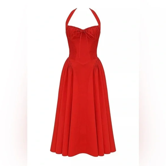 HOUSE OF CB Adabella Italian Tomato Cotton HalterSundress/Size XS - Picture 3 of 8